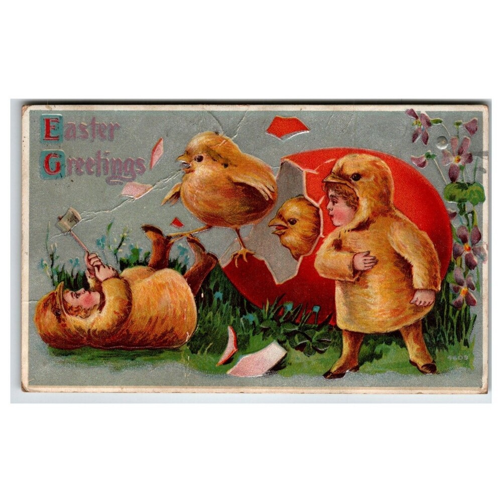 Vintage Easter Greetings Postcard Anthropomorphic Chicks Children Egg 1910